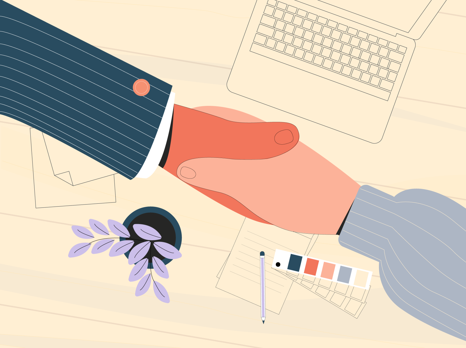 Illustration of a freelance graphic designer shaking hands with a client. 