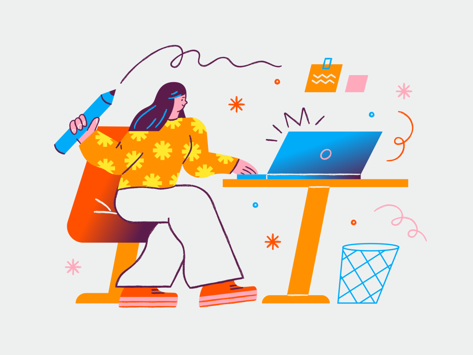 Illustration of a freelance graphic designer working on her laptop. 