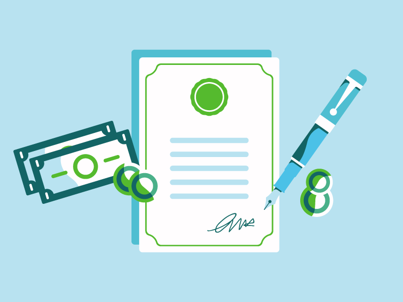 Illustration of a signed contract with money. 
