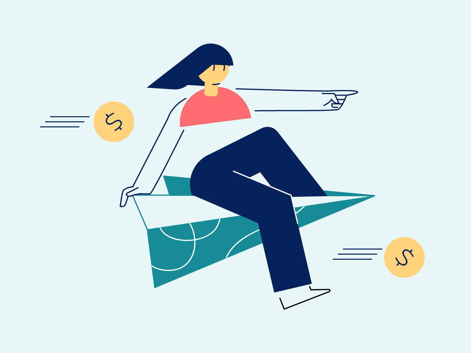 Illustration of a woman on a paper airplane pointing towards money. 