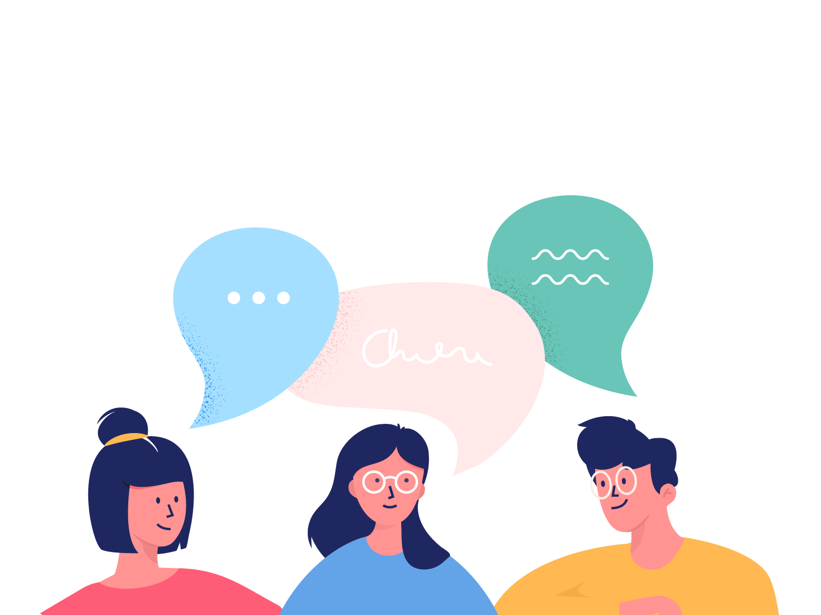 Illustration of 3 people chatting with chat bubbles.