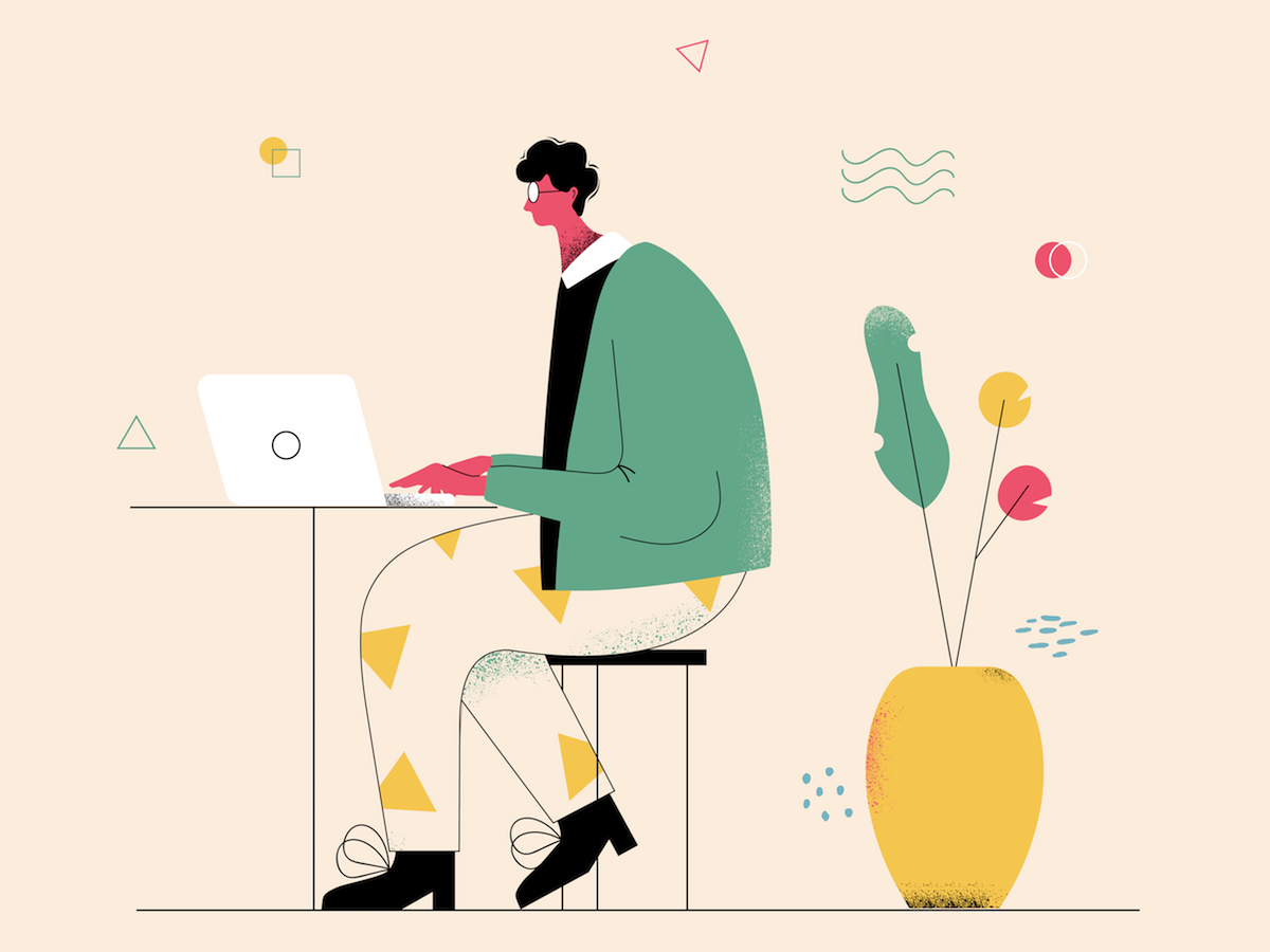 Illustration of a person sitting down working on a laptop. 