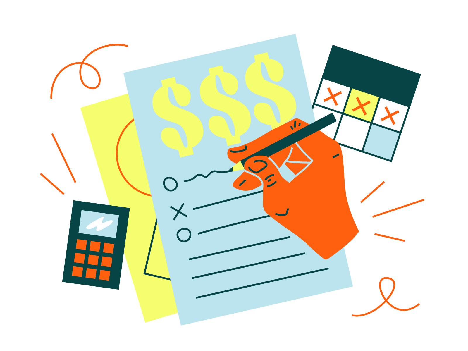 Illustration of someone tracking finances on a piece of paper next to a calendar and calculator. 