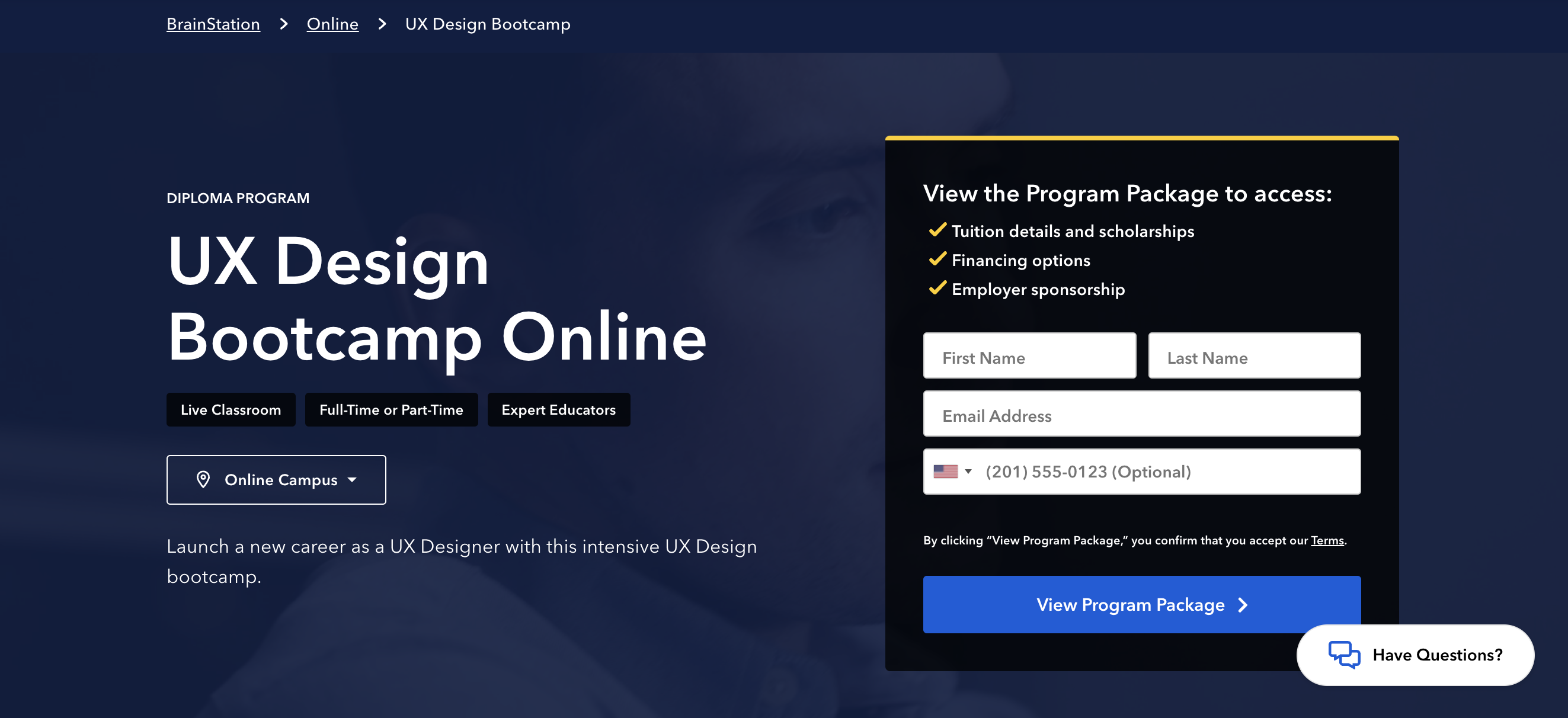 Brainstation UX design bootcamp landing page