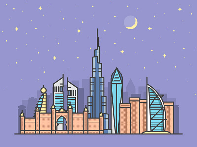 Dubai city landscape. building color dubai city flat illustration landscape moon night sky simple uae vector