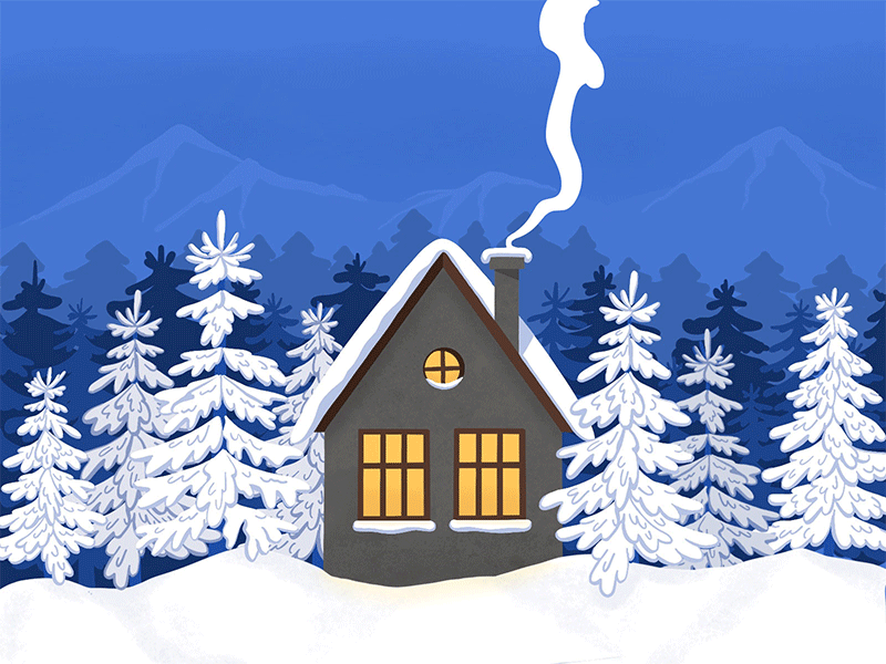 Forest House 2d animation fir trees forest forest house frame by frame frame by frame animation illustration mountains smoke animation snow day tree illustration winter winter house