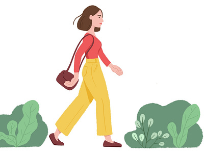 Step towards to spring april brunette bushes character character illustration girl girl character green leaves illustration leaves spring spring time walking women walking young women