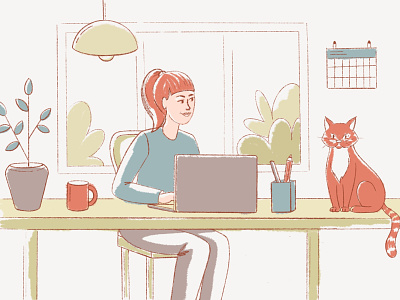Cat friendly workspace cat cats character character illustration coffee cup girl illustration interior laptop office pet pet friendly plant style frame women working workspace