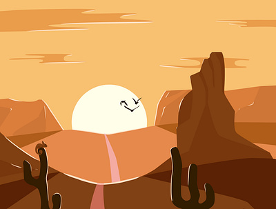 Lonely desert with a chameleon cactus chameleon desert illustration road vector