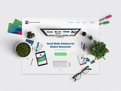 Social News Desk glasses home page landing light marketing plants social ui web web design