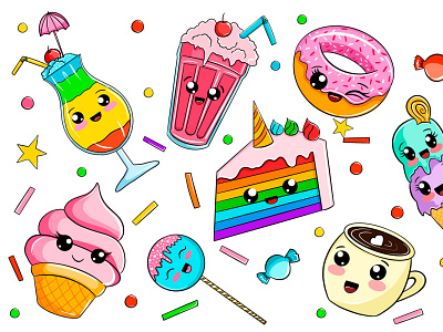 Collection of cute food characters donut kawaii rainbow