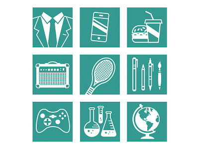 College icons. art college education gaming globe music painting science sports suit tennis
