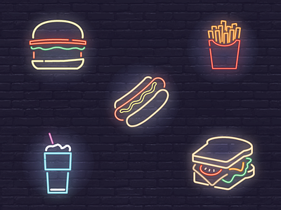 Neon Icons beverage brick burger food fries hot dog icon light neon panini shake