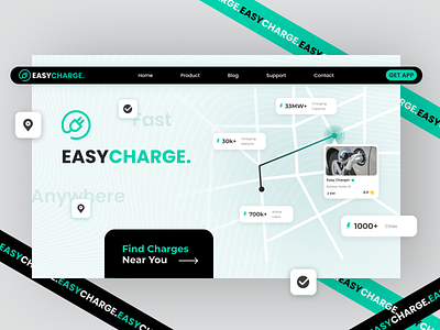 EasyCharge. EV Charging Landing app button car charging city design electric ev green header illustration landing landing page logo main page map ui ux vector