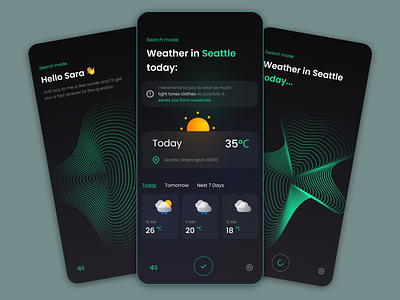 Weather App UI Concept | Voice Assistant assist cloud design lines mobile app neon search simple sun tip ui vector voice voice assistent