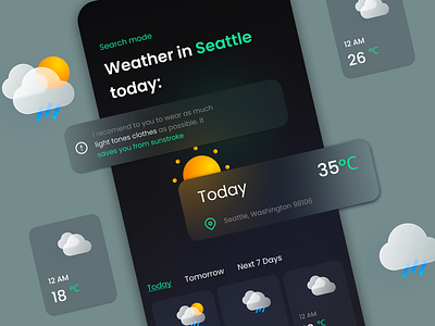 Weather App UI Concept | Voice Assistant advice assistant category cloudy dark theme design figma glass style header icons searchind tabs ui vector voice weather