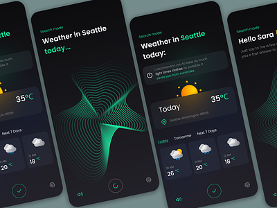 Weather App UI Concept | Voice Assistant assistant dark theme design figma green illustration ios mobile app search sound visualisation tooltip ui ux vector voice weather