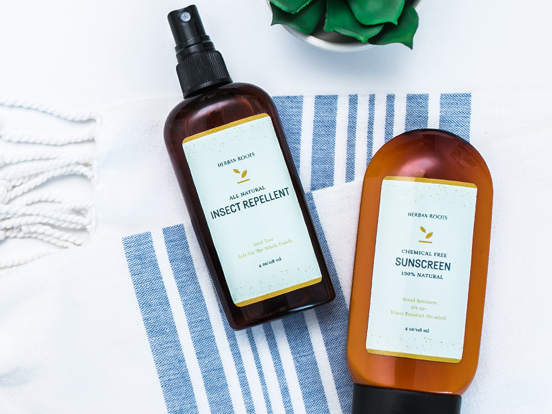 Herban Roots leaf beauty health product identity brand logo repellent sunscreen label packaging
