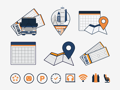 Bus Line Icon Set boston bus calendar icons illustration location map parking ticket time travel wifi