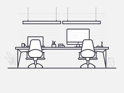 Workspace apple chairs icon illustration imac office outline table vector workspace