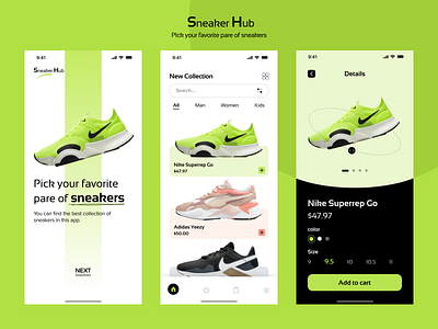 Sneaker Hub - Retail app UI Design for Sneakers app design app ui design figma green minimal mobile ui nike shoe sneakers top sneakers ui ui design ux design