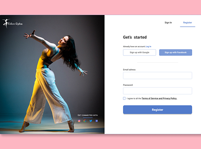 Register form Follow Rhythm app design figma graphic design landing page register page ui ui design challenge