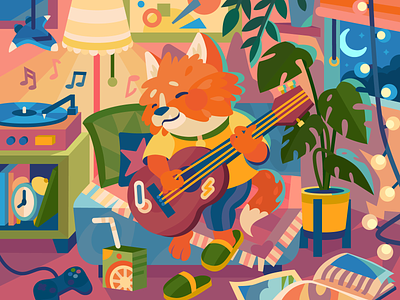 Cute musician beresnevgames evening fox gallery the game guitar illustration mobilegame music room