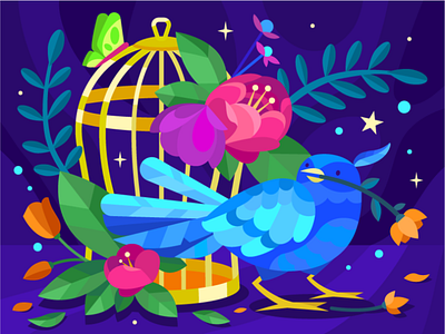 Bird on the cage bird butterfly cage colloring book design flower gallerythegame illustraion mobilegame night