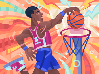 Basketball player ball basketball color game illustration jump man move player winner