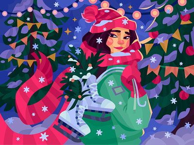 Girl with skates character christmas christmas tree girl illustration night skates snow winter