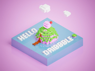 Hello Dribbble! debut game hello dribbble invite island pixel render video game voxel world