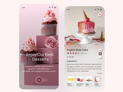 Dessert/E-commerce Application- Glass Morphism app application creative design dessert ecommerce food food delivery glass icon logo minimal mobile pink typography ui uiux ux web yummy