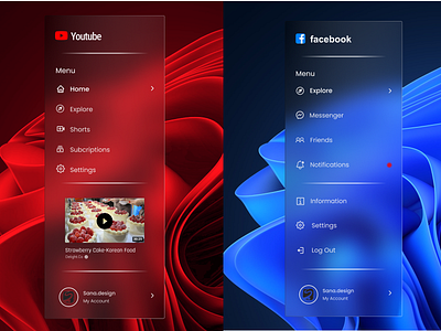 Menu Cards- Glass Morphism (Youtube, Facebook) app application design facebook glass glassmorphism icon logo menu cards minimal mobile mobile application product design typography ui uiux design ux web website youtube