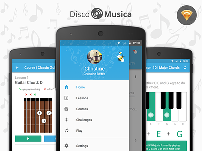 DiscoMusica - Free Sketch UI Kit android app freebie learning material design music sketch tobia crivellari ui user interface design