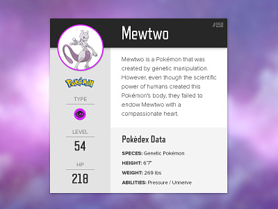 Daily UI #006 - User Profile data description mew mewtwo pokemon pokémon profile psychic purple social specs user