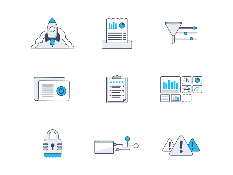 Icon / Illustration Work update alert lock privacy dashboard survey filter illustration icon report rocket