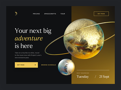 Space travel landing page - The Moon cinema 4d gold holographic illustration iridescent landing metal minimal moon octane page reflection render silver solar space travel ui ux yellow