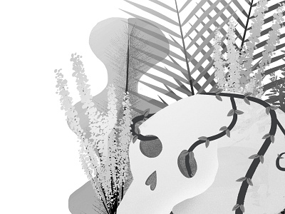 Skull Garden Detail black and white flowers palms plants skull vine