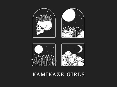 Kamikaze Girls T-Shirt Design band black dark flowers kamikaze girls macabre merch moon occult skulls stars white