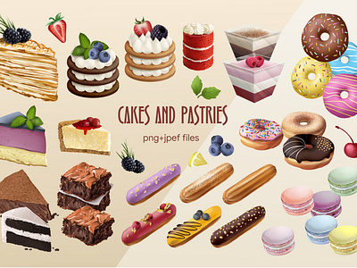 Digital illustration of pastries and cakes