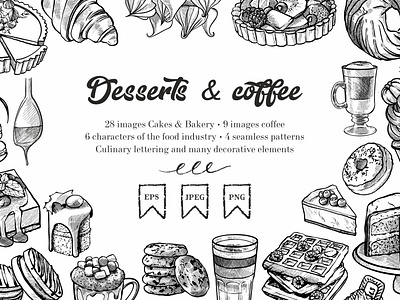 Vector images of baked goods, cakes and decorative elements