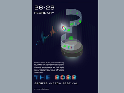 Flyer for the sports watch festival.Isometric festival flyer infographic isometric smartwatch sports watch