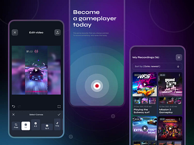 G'Corder. Mobile app for streamers and content makers animation app button cyberpunk design figma game gradient ios logo minimal mobile neon onboarding recorder retrowave screen ui ux video player
