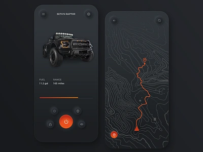 Vehicle Overland App app app ui ford neomorphism overland raptor topographic map topography ui uiux ux vehicle vehicle app