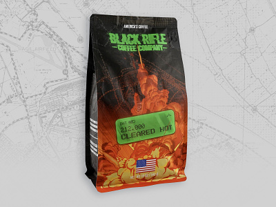 Coffee Bag – Cleared Hot american made black rifle black rifle coffee branding brcc coffee coffee bag design explosion illustration mockup patriot topo veteran