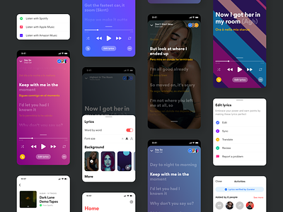 Musixmatch Player Experience backgrounds cards catalog collaborate colors edit figma freebie gradients invites ios lyrics music music player musixmatch playlists sync timesynced translations words