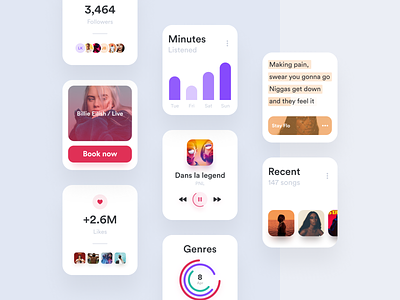 Watch Cards ⌚ + 1 Dribbble Invite buttons cards charts component dark mode figma followers hero insights invites likes lyrics music player profile profile cover recent stats ui watch