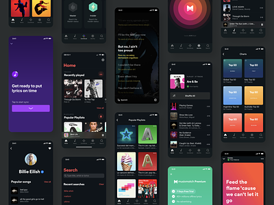 Musixmatch: Dark Mode ⬛ artist badge cards charts dark darkmode gamification ios lyrics mobile music paywall player player profile playlists premium search spotify streaming subscribe