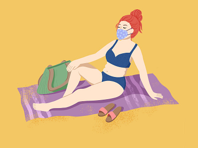 Beach + Face Mask beach ball beachday bikini facemask illustration messy bun procreate app red hair sandals summertime