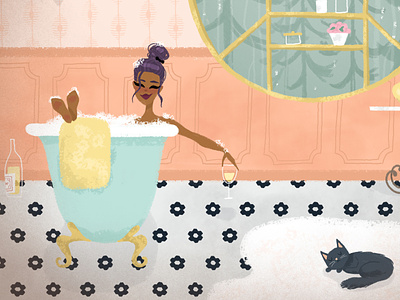 Make Time For Bubbles bubble bath bubbles cat champagne character design drawing illustration relax self care
